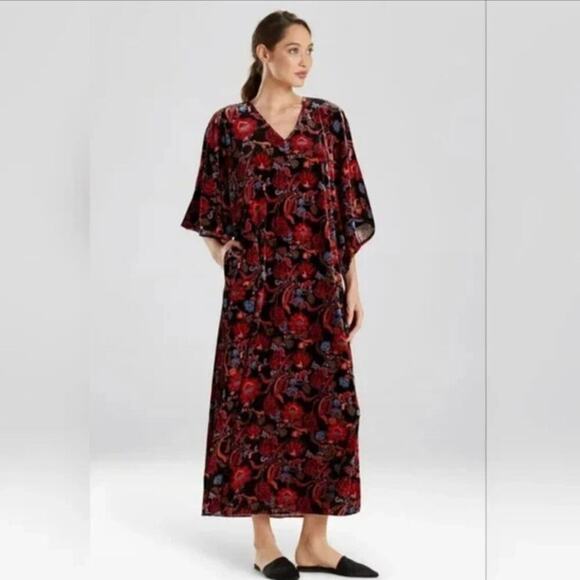 Natori Floral Scroll Print Velvet Kaftan Kimono Nightgown Lounge Maxi Dress - Picture 1 of 6